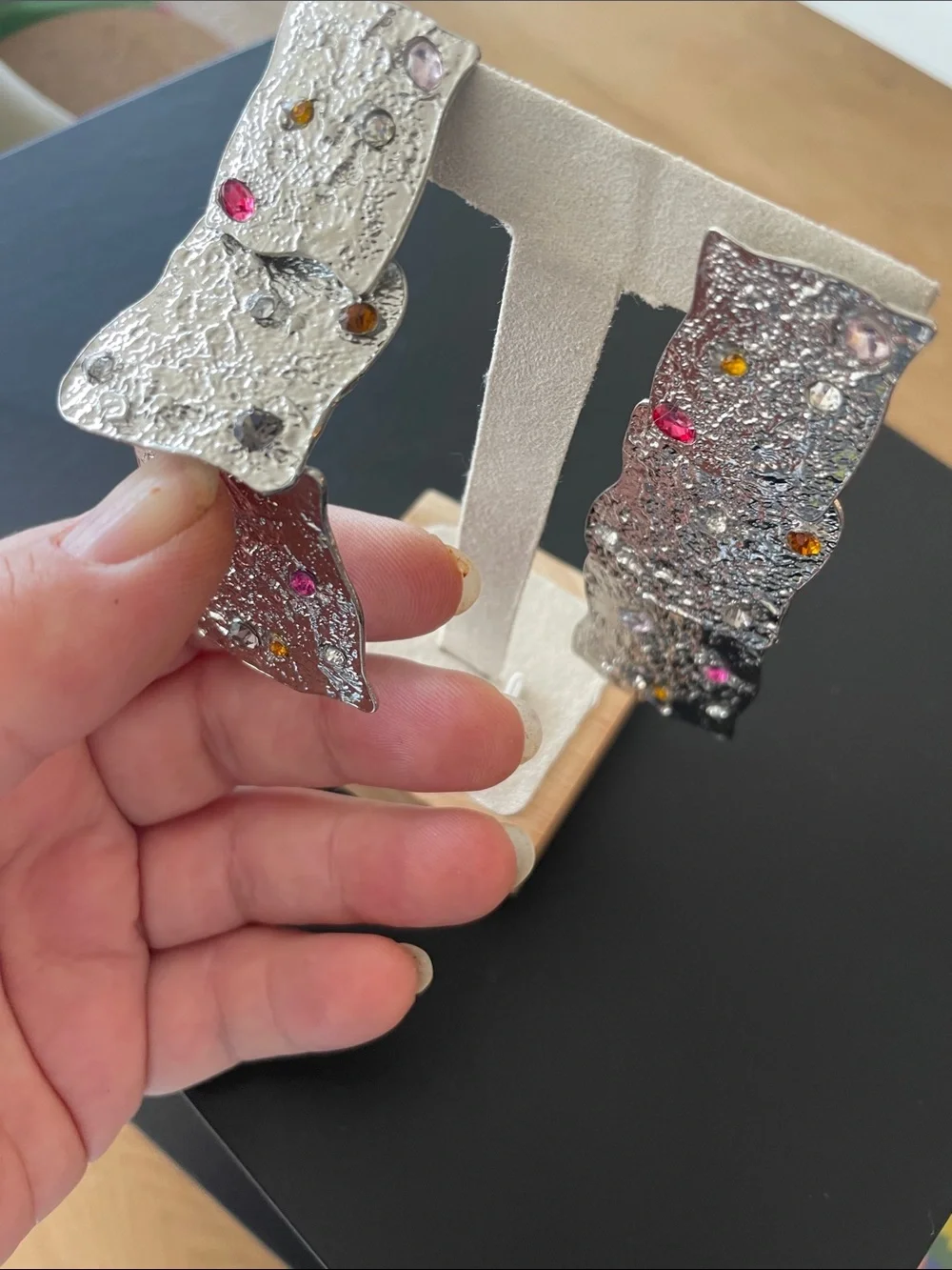 Zara Silver Textured Statement Earrings with Multicolor Stones